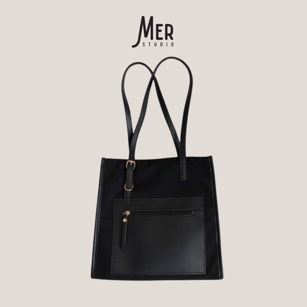 Túi vải đi làm công sở Chewo đen, túi nhiều ngăn đựng A4 kích thước 32x29x9cm MERSTUDIO