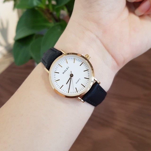 Đồng hồ đôi Halei nam nữ dây da mặt vạch Tặng Hộp Tặng 2 Pin Dự Phòng