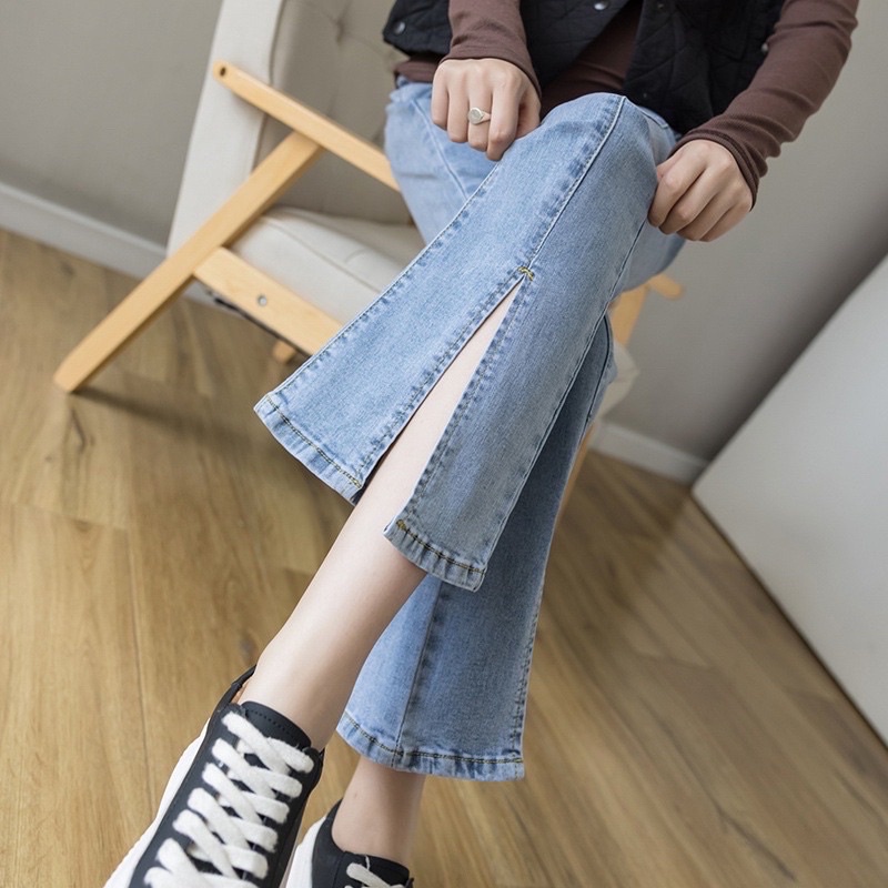 Quần jeans loe trơn basic sẻ ống phom dài co dãn