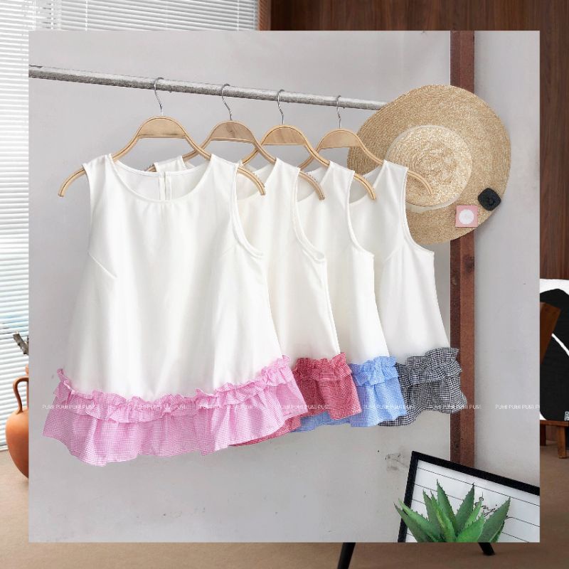 Áo kiểu nữ sát nách BBD xòe phối caro nhiều màu freesize có sẵn tại shop Pumi