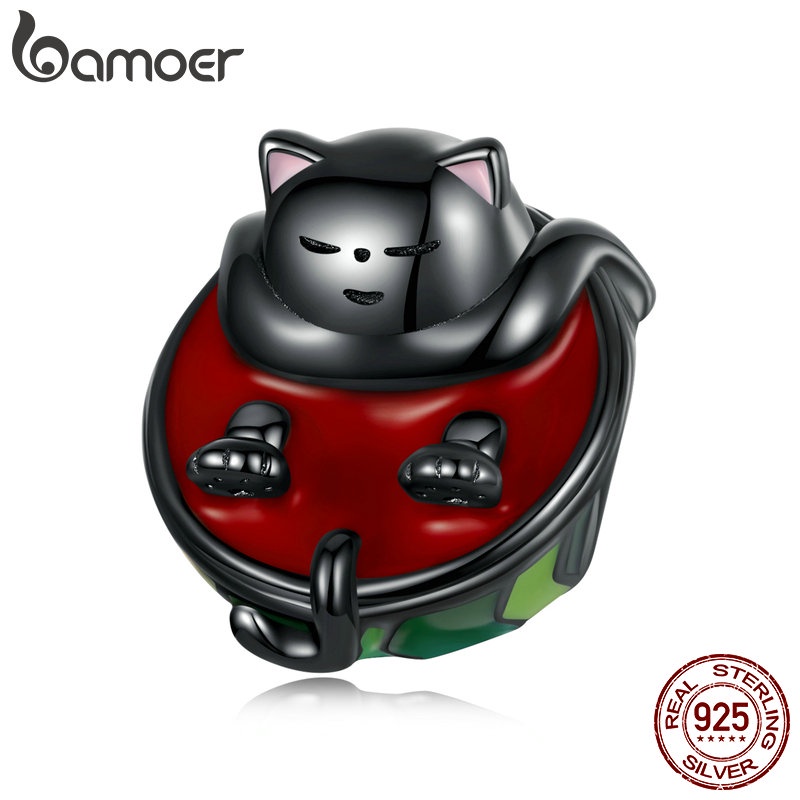 Hạt xâu làm nữ trang Bamoer bạc 925 hình mèo ôm dưa hấu