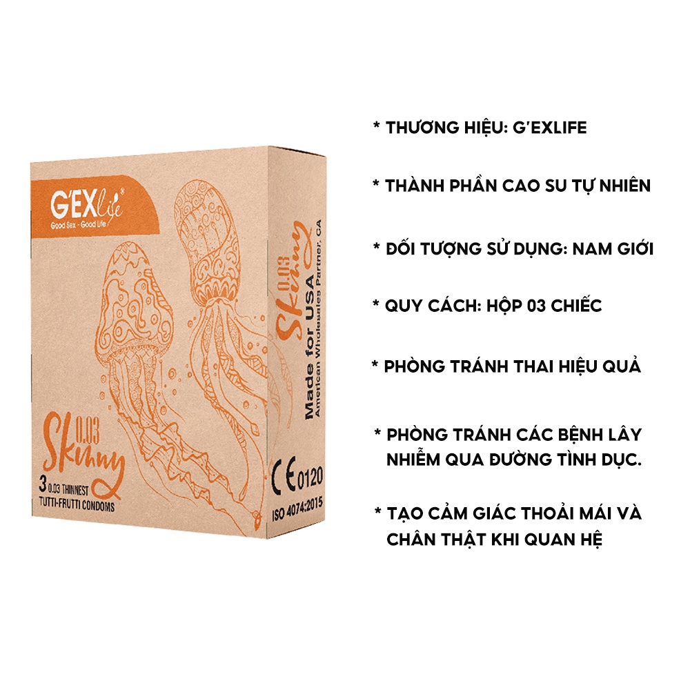 Bao cao su GEXlife Skinny 0.03, bcs siêu mỏng chống xuất tinh sớm kéo dài thời gian