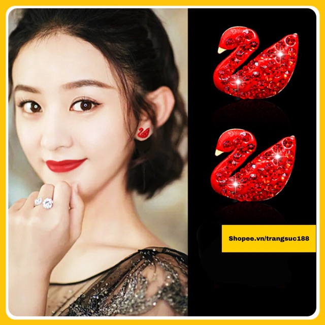 Bông tai titan thiên nga đính đá đỏ BTT56