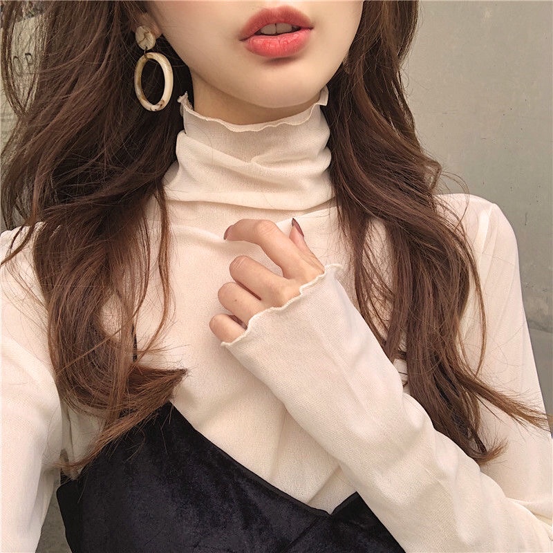Áo ren lưới mỏng dài tay cổ cao mặc lót trong
