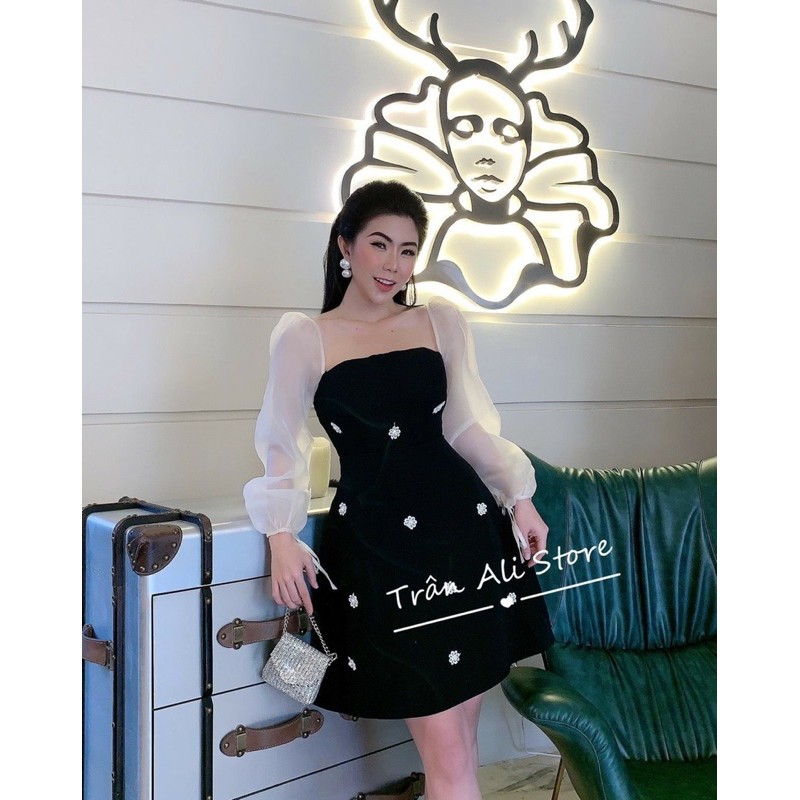 Đầm Nhung Đính Ngọc Pha Tay Tơ /CO SAN