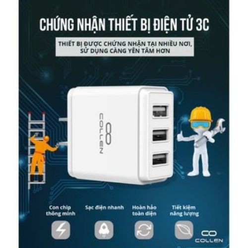 Combo cốc sạc 3 chân cắm USB sạc nhanh 3.4A  + dây sạc 2 mét 3 đầu iphone, androi, typeC bọc dù cao cấp COLLEN