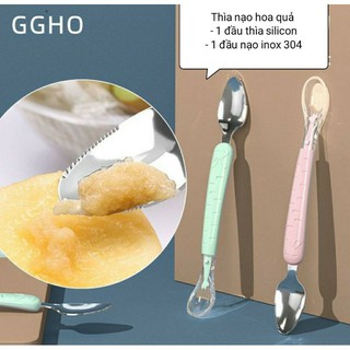 Thìa Nạo Hoa Quả Cho Bé Tập Ăn Dặm 2 Trong 1, Một Đầu Nạo Bằng Inox Và Một Đầu Thìa Mềm Silicon
