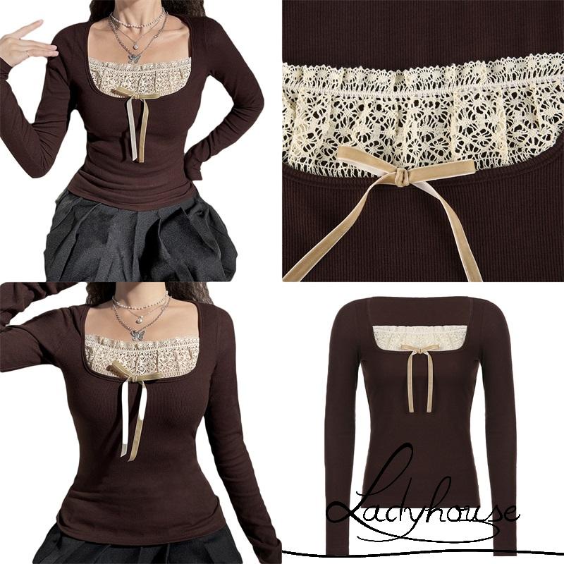 Áo Dệt Kim Tay Dài Phối Ren Đính Nơ Thời Trang Dành Cho Nữ