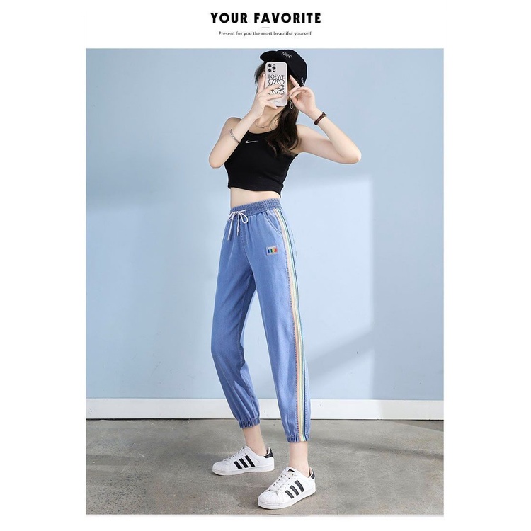 Quần Jeans harem Lưng Cao Dáng Rộng Hoạ Tiết Kẻ Sọc Cầu Vồng Thời Trang Mùa Hè 2022 Có size Lớn Dành Cho Nữ