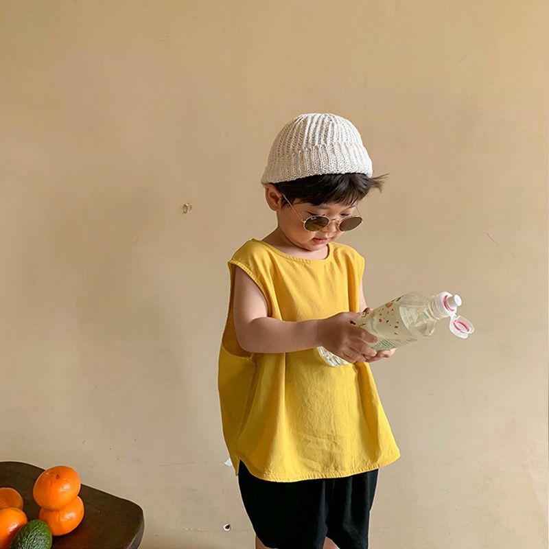 Áo Thun Cotton Lanh Dáng Rộng Không Tay Phong Cách Nhật Hàn Thời Trang Xuân Hè Hàng Mới 2022 Dành Cho Bé Trai Bé Gái