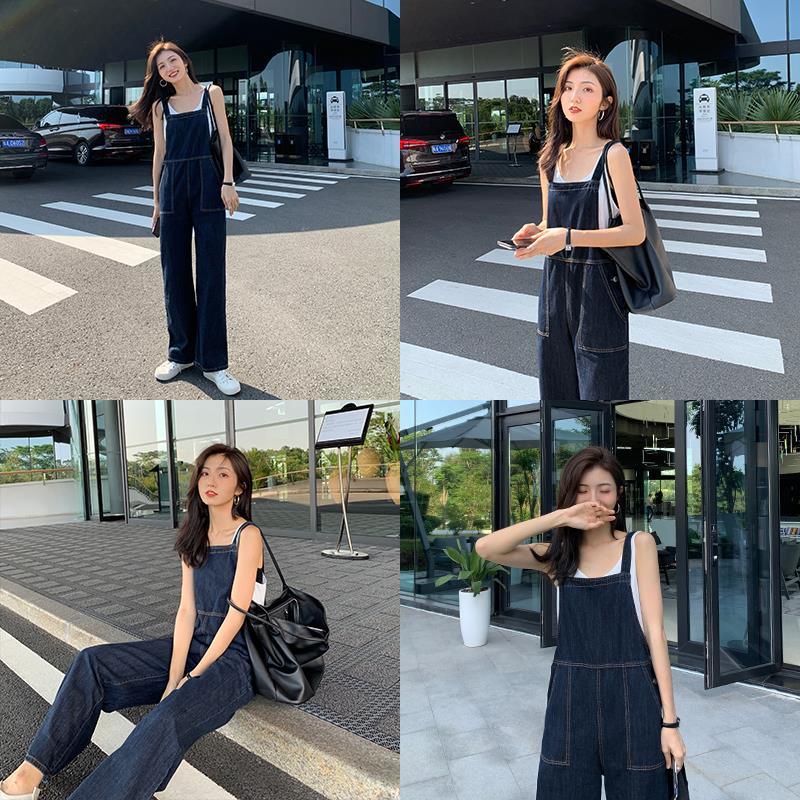 Quần yếm jean lưng cao ống rộng phong cách Hàn Quốc