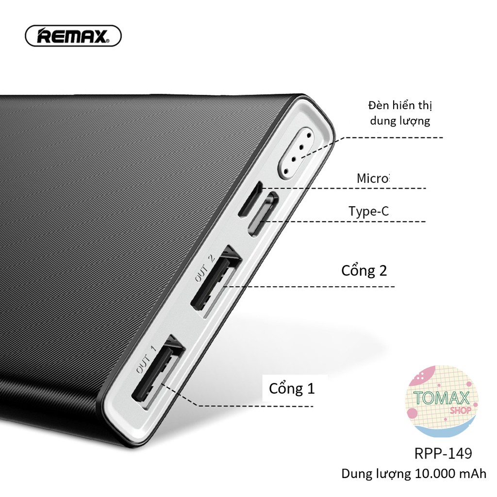 Sạc Dự Phòng Remax RPP - 149 Dung Lượng 10000 mAh Chính Hãng Bảo Hành 6 Tháng [Tomax Shop]