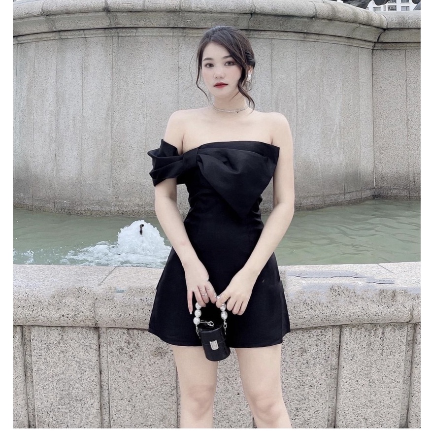 ĐẦM ĐI TIỆC TIỂU THƯ DÁNG VÁY CHỮ A CÚP NGỰC NƠ LỆCH SANG CHẢNH SEXY (ẢNH THẬT)