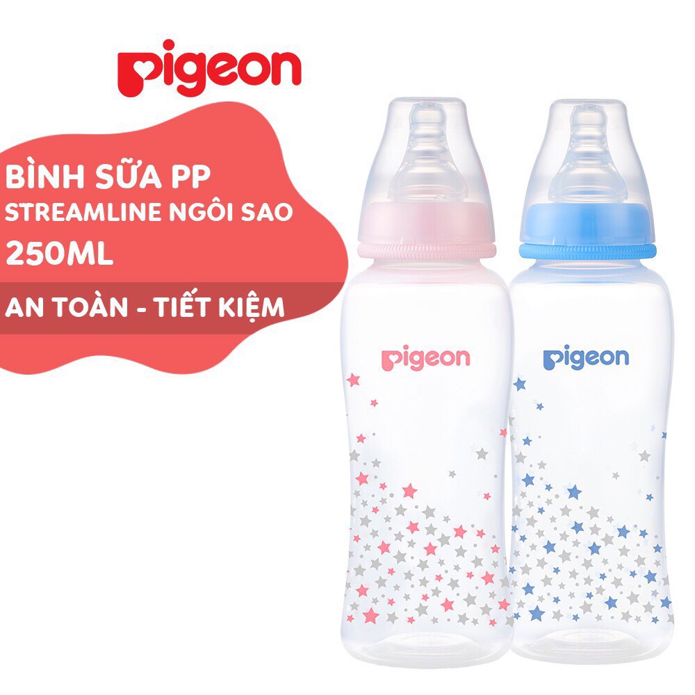 Bình sữa PIGEON, Bình sữa cổ hẹp PP Streamline hình ngôi sao hồng/xanh 250ml (M)