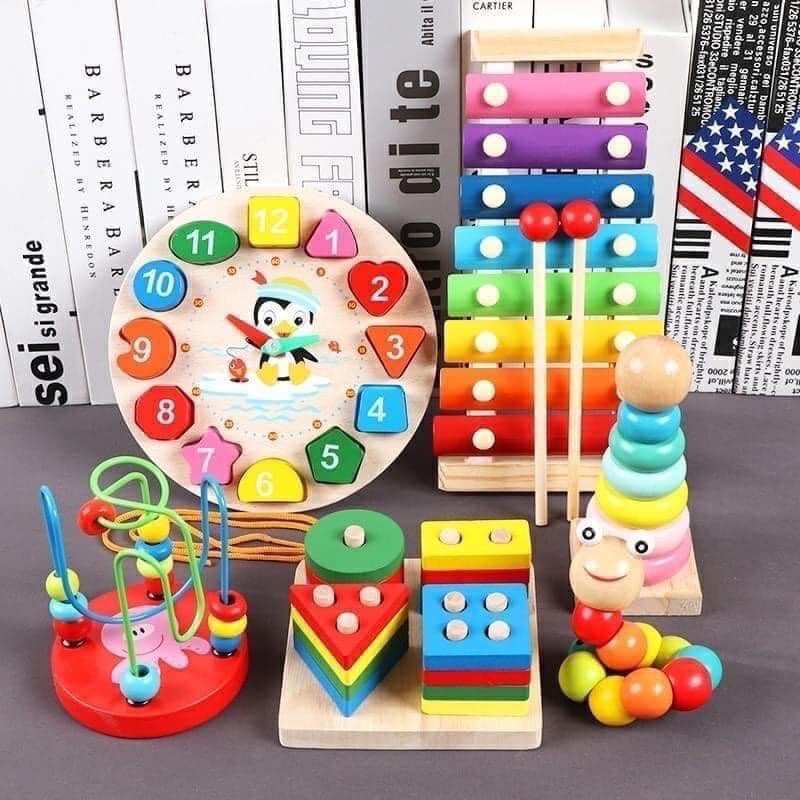 đồ chơi gỗ thông minh phát triển tư duy trí tuệ cho bé - Combo 6 món đồ chơi Montessori bằng gỗ an toàn