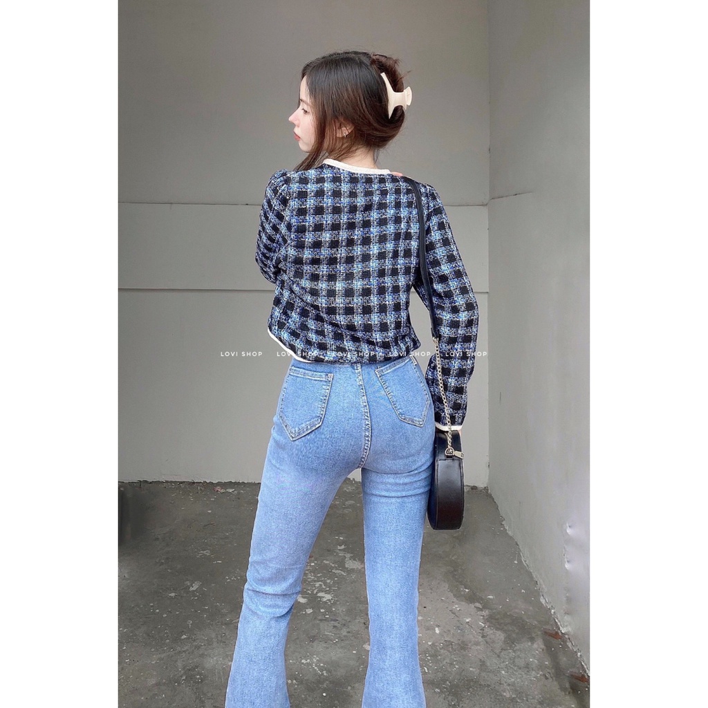 LOVI SHOP - Áo khoác dạ tweed caro tay dài cúc ngọc sang chảnh phong cách Hàn Quốc