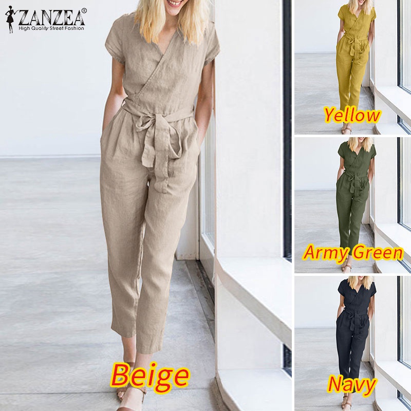 Áo liền quần Zanzea tay ngắn phối thắt lưng màu trơn vải cotton lanh thời trang cho nữ