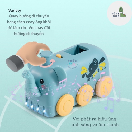 Đồ chơi xe domino hình con voi cực dễ thương, xe thả domino tự động dành cho các bé