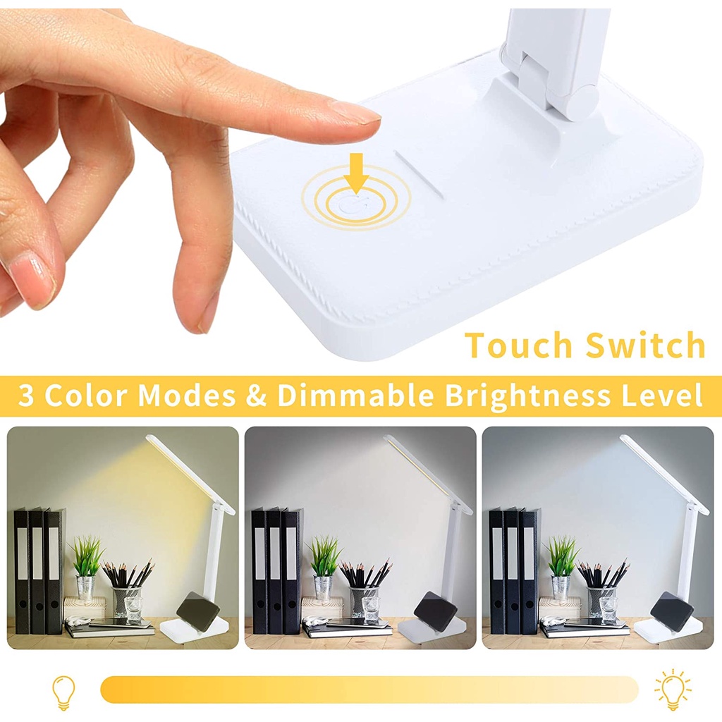 Đèn bàn gấp LED Đèn bàn học có thể điều chỉnh ba màu sạc và cắm hai chức năng  màu trắng ấm