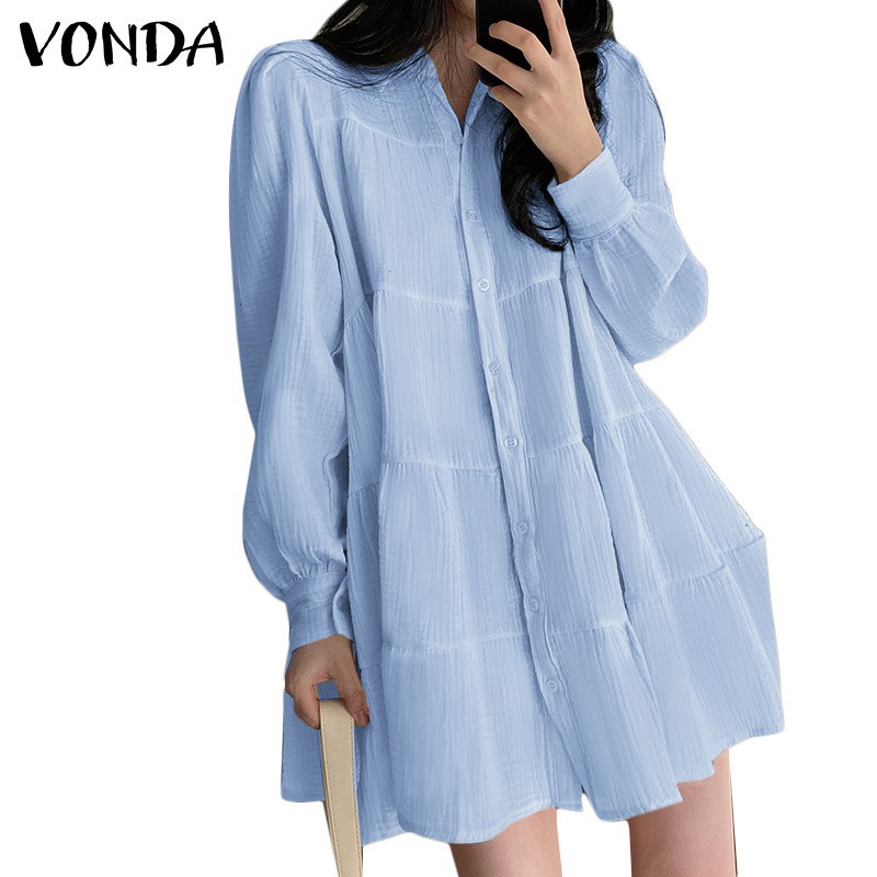 Váy sơ mi VONDA tay dài cổ bẻ trang trí xếp ly trẻ trung cho nữ