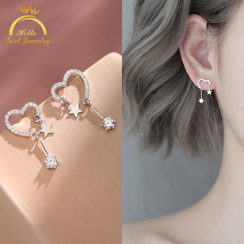 Khuyên Tai Bạc Hình Ngôi Sao / Trái Tim Đính Đá Thời Trang Cho Nữ