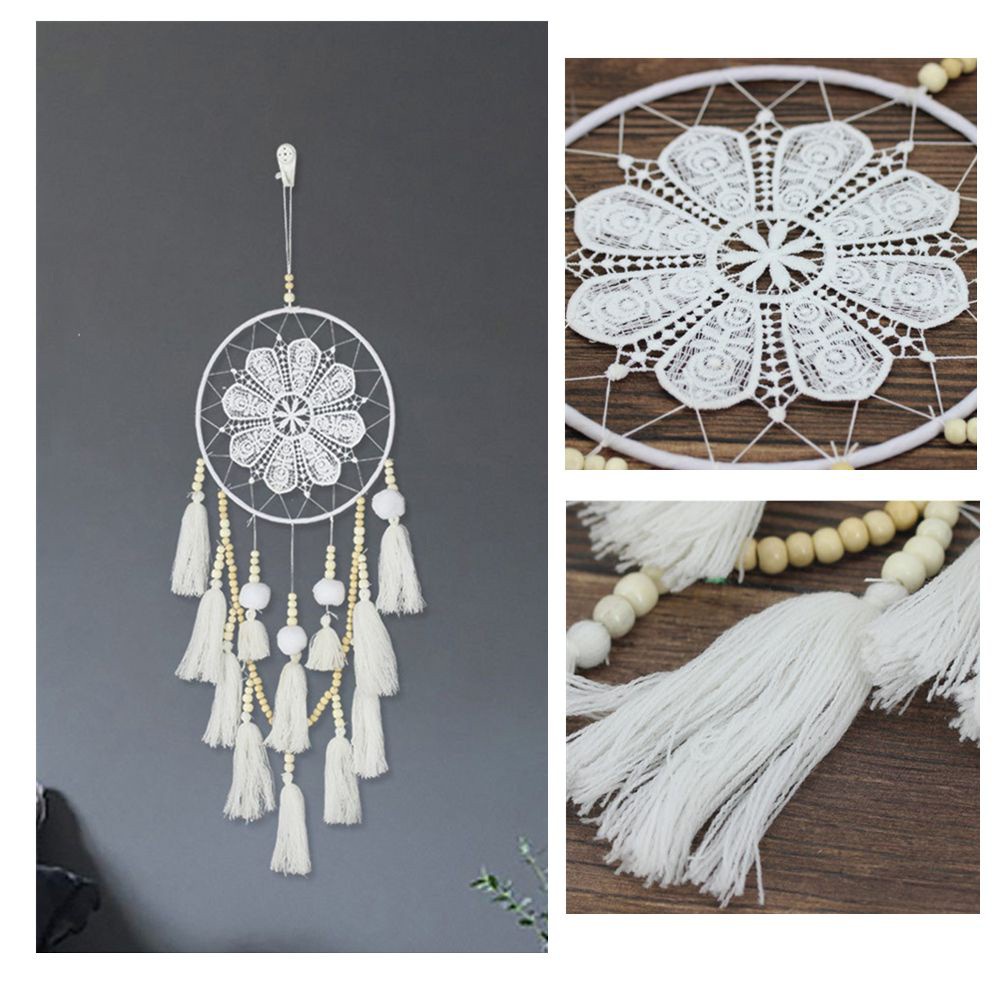 Dreamcatcher màu trắng đính hạt gỗ phối tua rua hình hoa phong cách boho trang trí phòng ngủ / làm quà tặng dễ thương