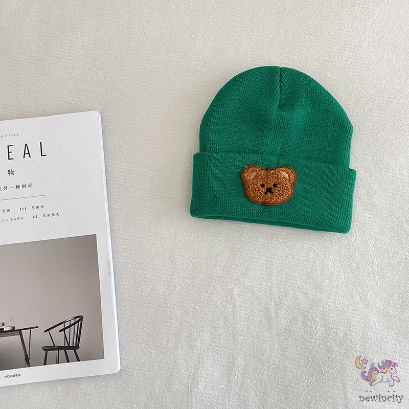 Mũ Beanie Dệt Kim Co Giãn In Họa Tiết Gấu Kiểu Hàn Quốc Thời Trang Thu Đông Cho Bé Trai + Gái