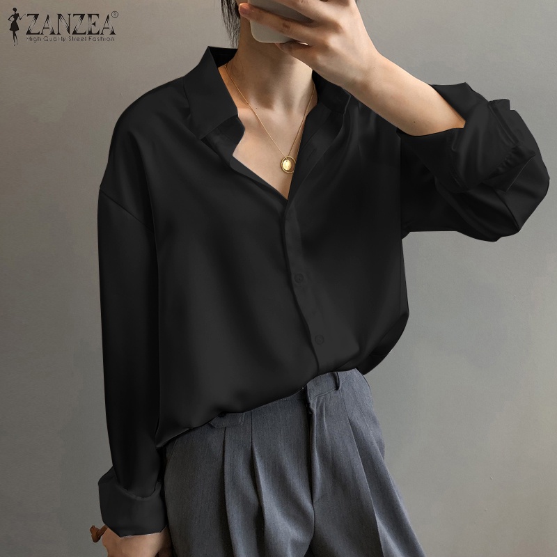 Áo ZANZEA cổ bẻ dài tay màu trơn phong cách Hàn Quốc đơn giản dễ phối đồ