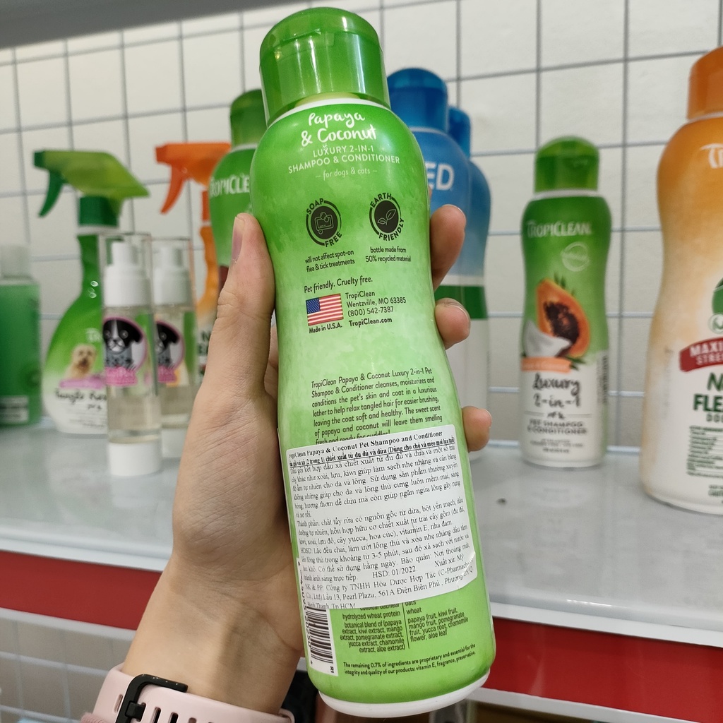 355ML - TROPICLEAN DẦU GỘI VÀ XẢ 2IN1 TỪ ĐU ĐỦ VÀ DỪA - Papaya &amp; Coconut Pet Shampoo and Conditioner