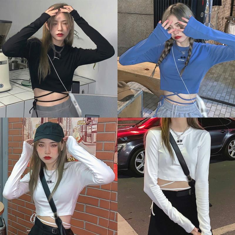 Áo thun croptop tay dài cổ tròn màu sắc đơn giản phong cách Hàn Quốc cho nữ
