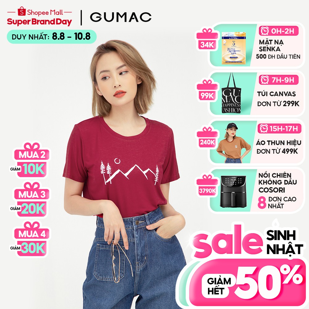 Áo thun nữ in họa tiết GUMAC, cổ tròn màu đỏ năng động ATB517