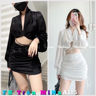 Set crop đen cột dây eo + chân váy rút