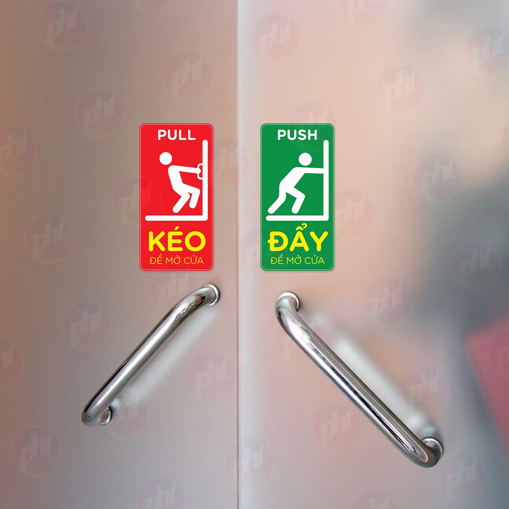 Set combo 2 biển báo "ĐẨY - KÉO Cửa Ra Vào PULL - PUSH, CỬA KÍNH TỰ ĐỘNG / CỬA LÙA decal chống nuớc cáng màng kim tuyến.