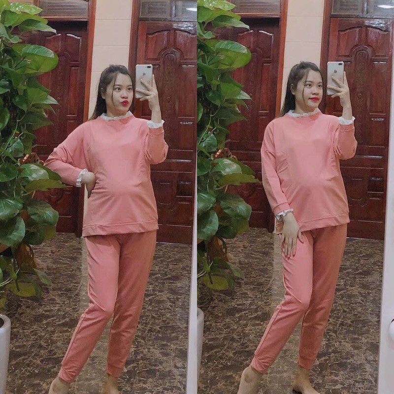 Bộ bầu thu đông chất nỉ Aidenshop Bộ đồ bầu dài ấm