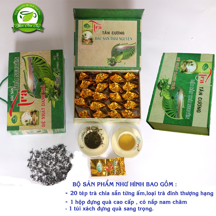 [BỘ SẢN PHẨM QUÀ BIẾU TRÀ THÁI NGUYÊN] chính hiệu trà Tân Cương -Thái Nguyên ( 20 tép trà đinh + hộp đựng + túi quà )