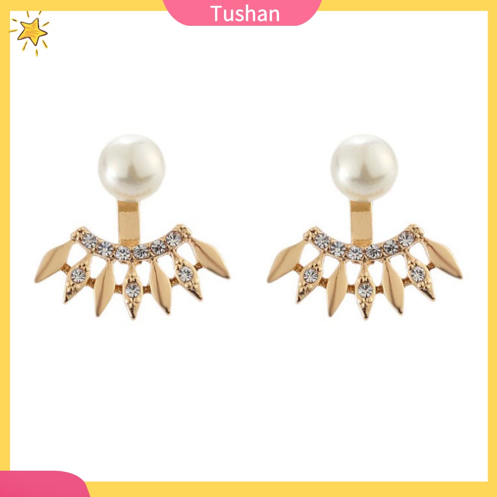 TUSH_Fashion Women Rhinestone Faux Pearl Fan Shape Ear Jackets Earrings Jewelry Gift