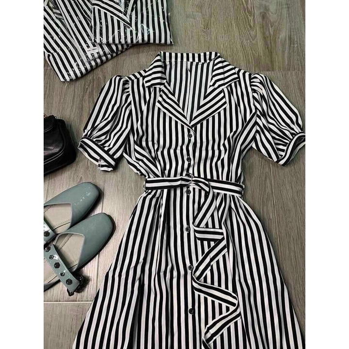Đầm suông sọc đen trắng cổ sơ mi cài nút thật kiểu giáng sang trọng thanh lịch fashionzero - 72195