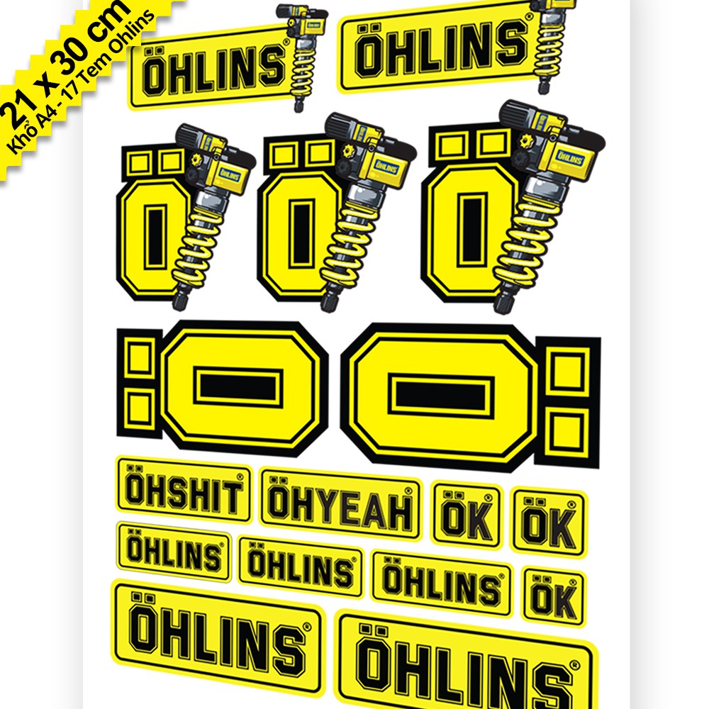 17 Tem Dán Xe Máy Ohlins - Tem Ohlins, Tem Xe Máy, Team Dán Xe Máy, Decal Xe Máy, Sticker Dán Xe - Khổ A4 Chống Thấm