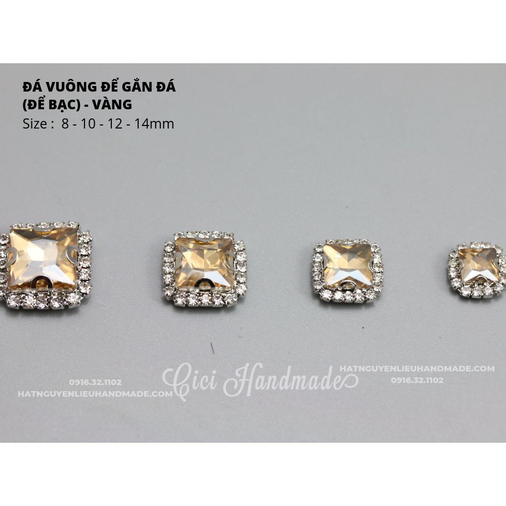 Hạt đá vuông đế vàng/đế bạc viền đá trắng size 10mm Handmade hạt cườm hạt đá trang trí nguyên liệu tự làm