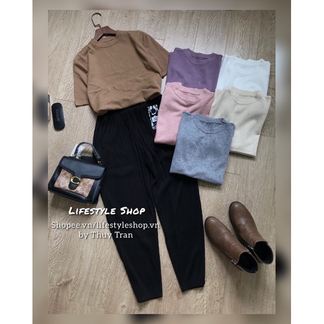 Áo len nữ Thu Đông mỏng mềm dáng suông lửng cổ tròn cộc tay | BigBuy360 - bigbuy360.vn