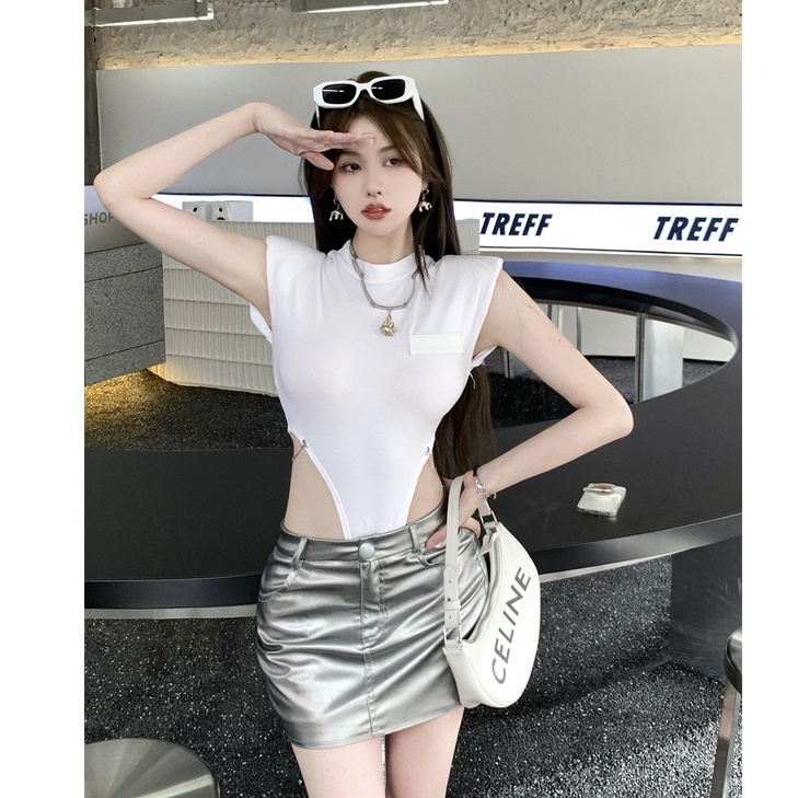 Bộ Áo Thun Tay Ngắn Cổ Tròn + Chân Váy Chữ A Eo Cao Màu Bạc Thời Trang Mùa Hè Dành Cho Nữ