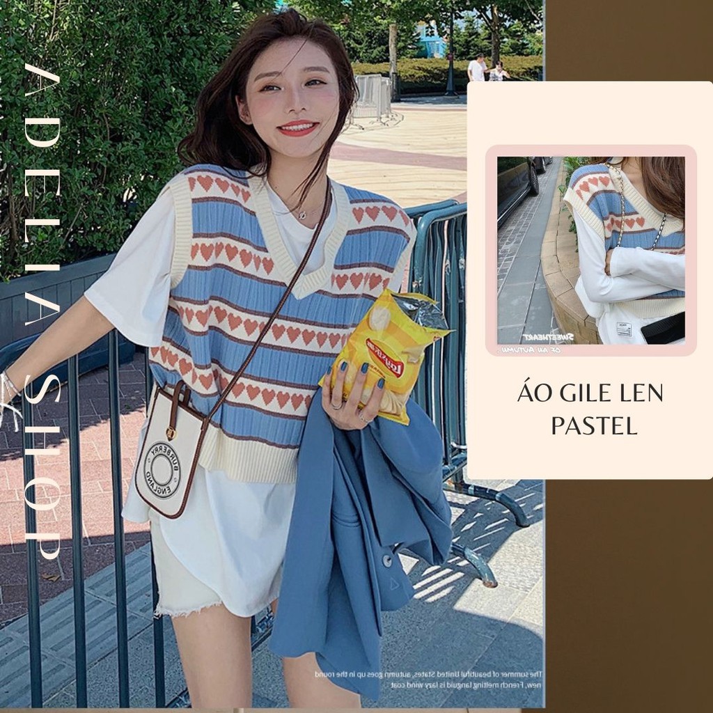 Áo Gile | Gile Len Cổ V Màu Pastel Chất Len Mịn Ulzzang Họa Tiết Trái Tim, Hàng Xinh Quảng Châu