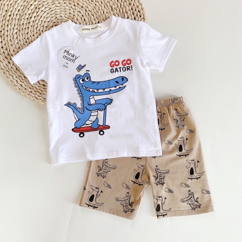 BỘ TAY NGẮN COTTON MINKYMOM HÌNH XE CẦN CẦU- KHỦNG LONG GOGO