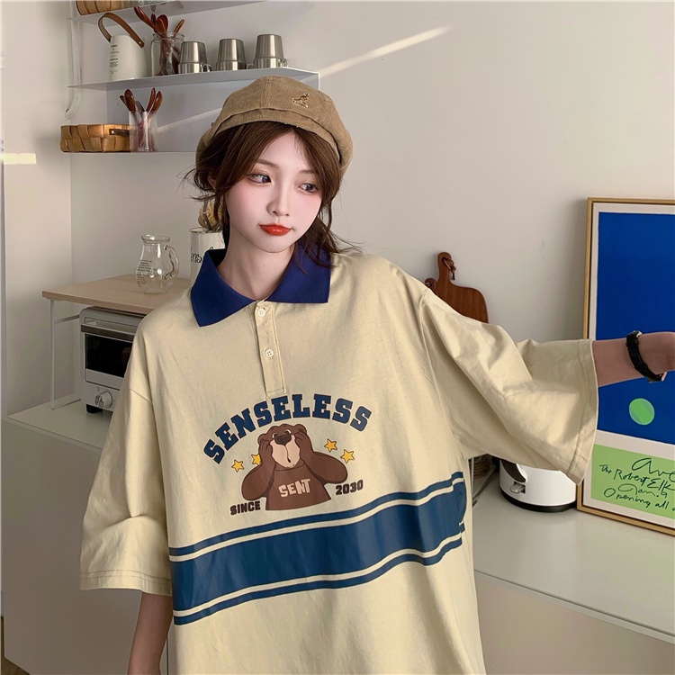 Áo polo Ngắn Tay Dáng Rộng In Hoạt Hình Gấu Kiểu Retro Cá Tính Cho Nữ