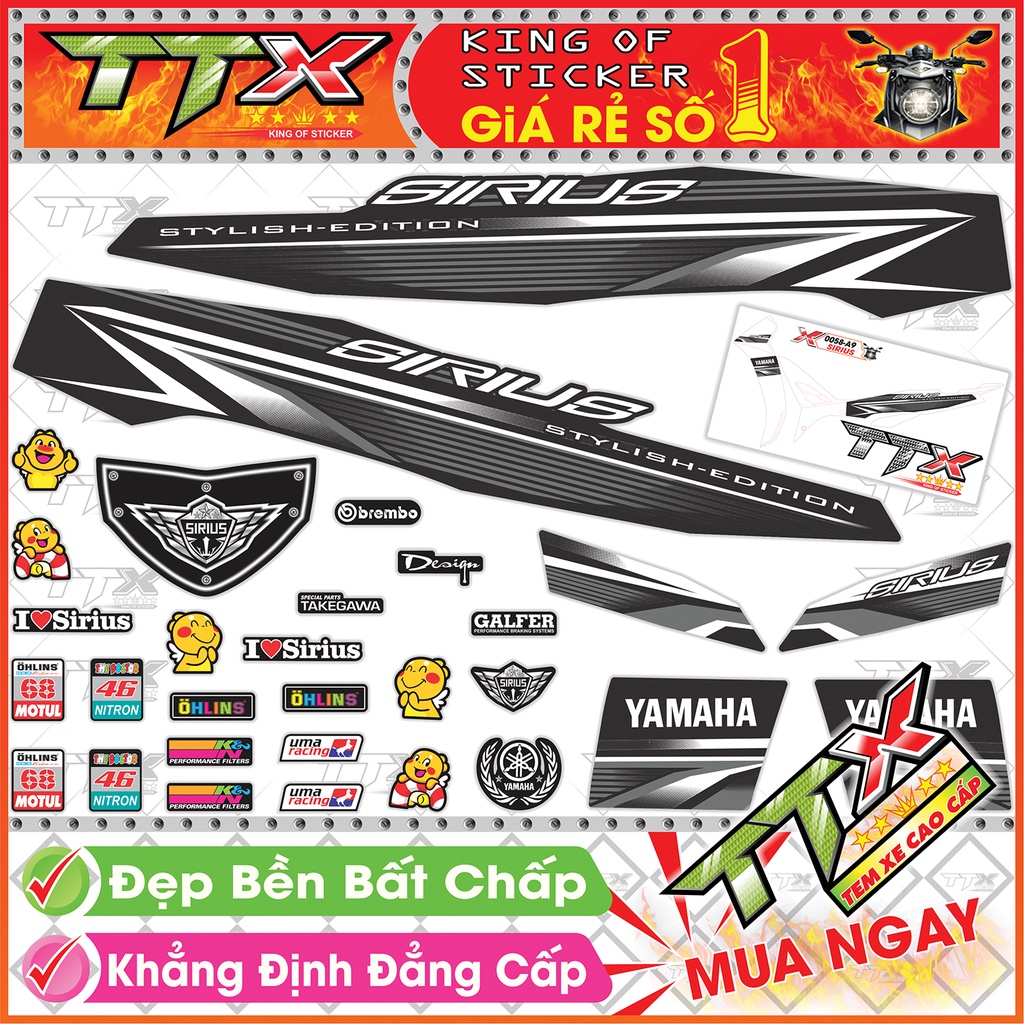 Tem Xe Sirius Đen Trắng - Tem Sirius Trắng Đen Viền Chỉ Siêu Đẹp - Mẫu Team Sirius Đen Trắng
