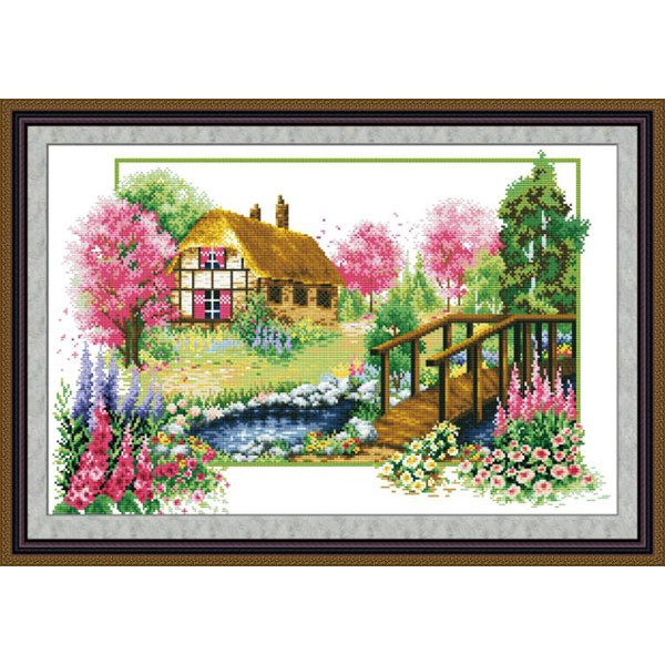 Tranh thêu chữ thập phong cảnh ngôi nhà bên suối 68cm x 46cm