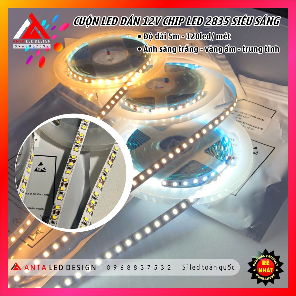 Cuộn led dây dán 12V 2835 - 120 led / Mét có keo 2 mặt ánh sáng trắng, vàng ấm, trung tính