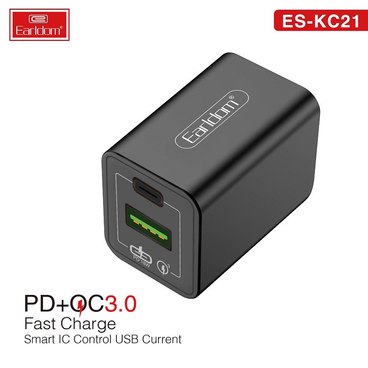 Củ sạc Earldom KC21 hỗ trợ 2 cổng đầu ra USB và USB type C thiết kế nhỏ gọn tiện lợi chống vân tay