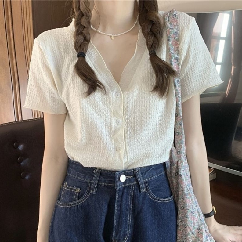 Áo Kiểu Tay Ngắn Cổ Chữ V Thiết Kế Xếp Ly Nhẹ Nhàng Phong Cách Hàn Quốc Thời Trang Mùa Hè Cho Nữ