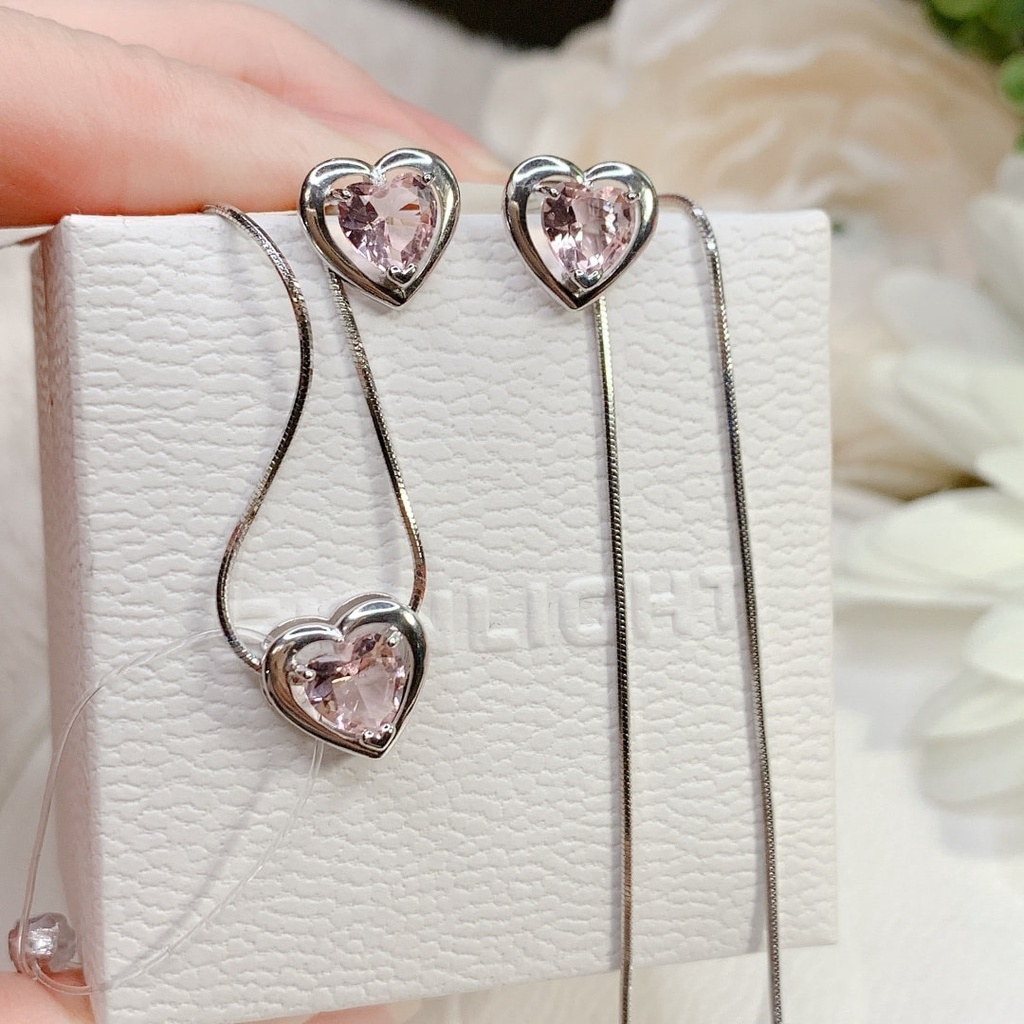 Bông tai bạc SUNLIGHT tim hồng và mặt dây chuyền